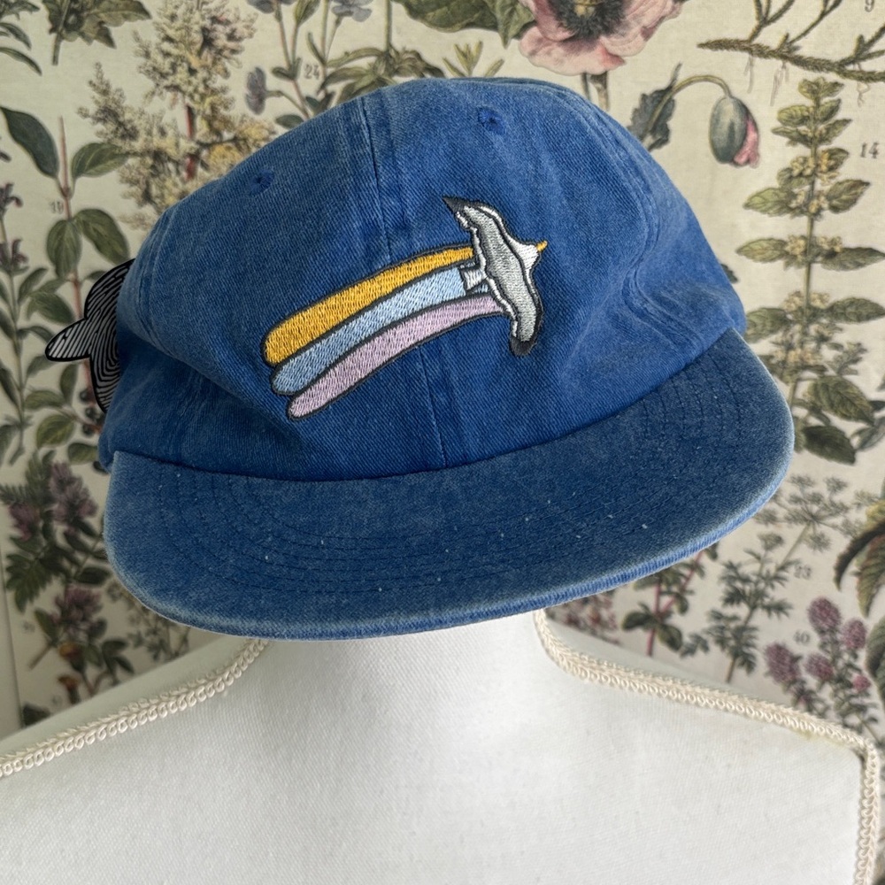 Blue Denim Women's Hat with Embroidered Dove Rainbow Design
